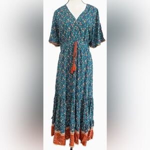 Boho Floral Blue and Orange Maxi Dress